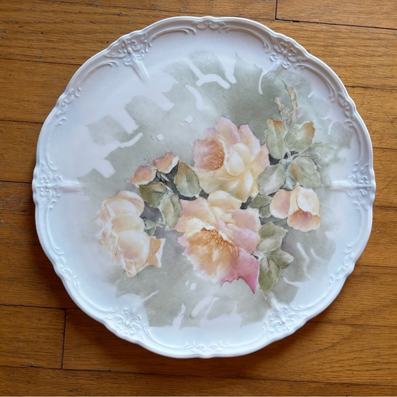 Antique Limoges France Hand Painted Scalloped Plate Pink & Yellow Roses 12 1/2”D - Picture 6 of 6